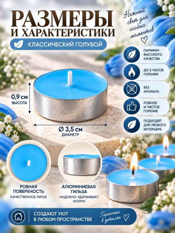 Чайные свечи синие без аромата. 50 штук