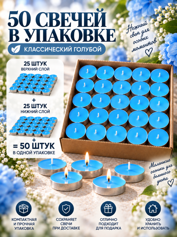 Чайные свечи синие без аромата. 50 штук