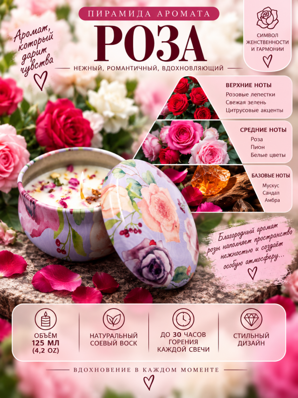 Свечи ароматические. Большой подарочный набор "Rose" из 4 разных ароматов.