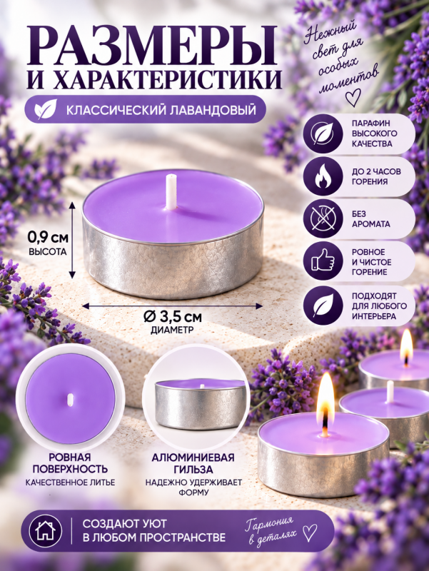 Чайные свечи фиолетовые без аромата. 50 штук