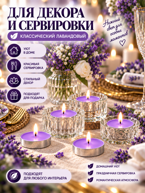 Чайные свечи фиолетовые без аромата. 50 штук