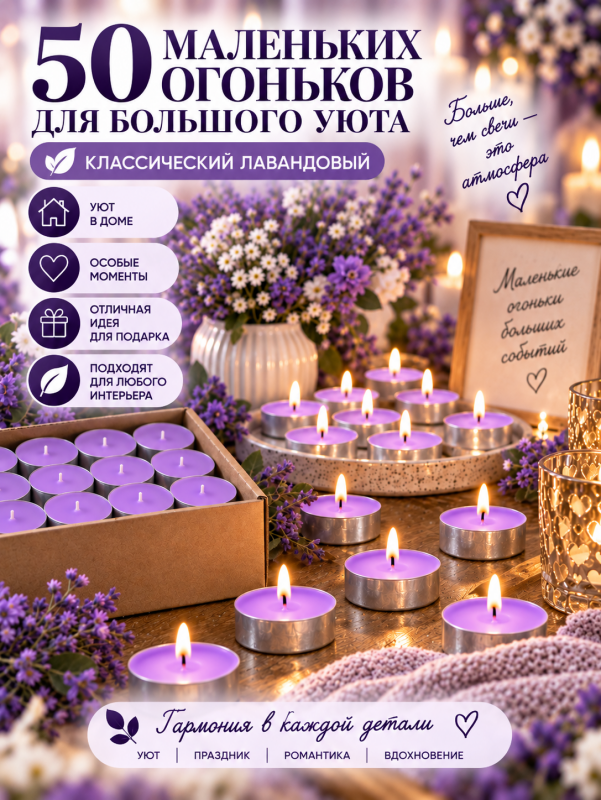 Чайные свечи фиолетовые без аромата. 50 штук