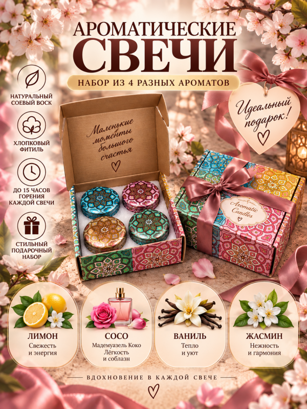 Свечи ароматические. Подарочный набор "Gоld" из 4 разных ароматов.
