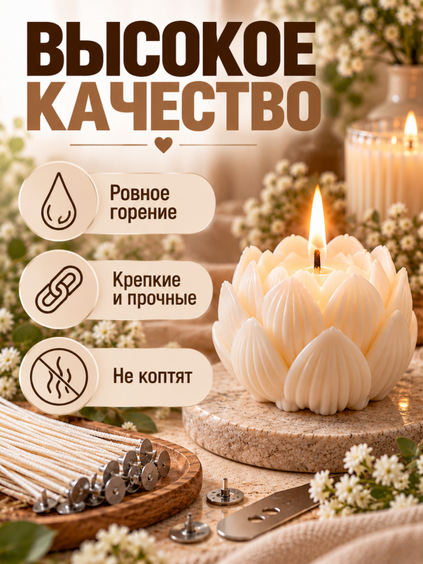Набор вощеных фитилей 8 см, 35 нитей с клеевыми стикерами и металлическим центровиком 25 шт.