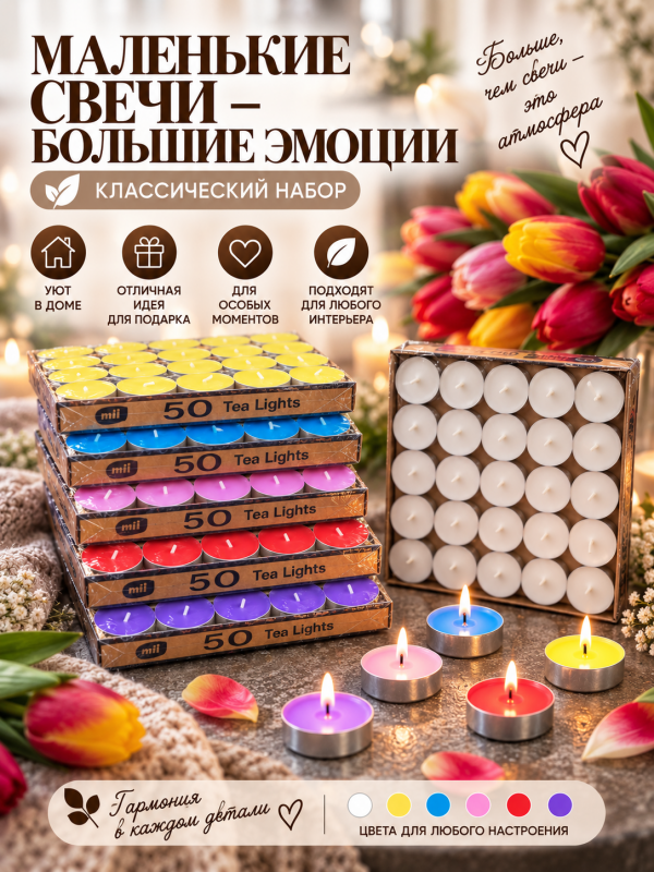 Чайные свечи красные без аромата. 50 штук.