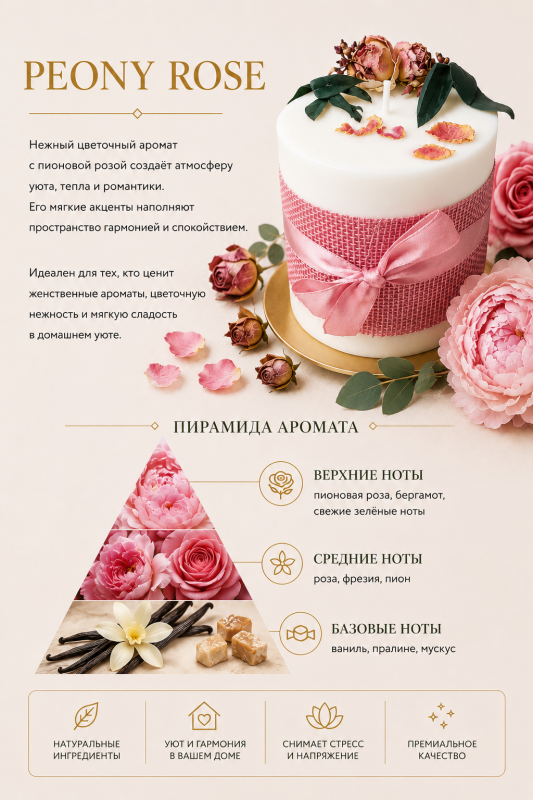 Ароматическая свеча Velora Blossom of Life с ароматом Peony Rose (пионовая роза) с подсвечником в подарочной коробке. 28 часов горения.