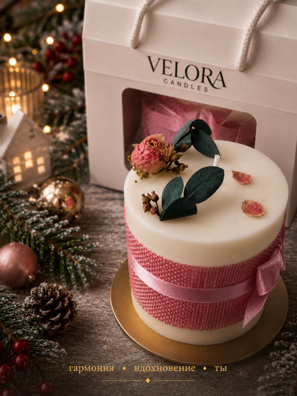 Ароматическая свеча Velora Blossom of Life с ароматом Peony Rose (пионовая роза) с подсвечником в подарочной коробке. 28 часов горения.