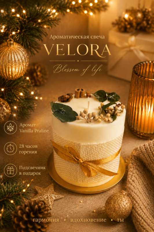 Ароматическая свеча Velora Blossom of life с ароматом Vanilla Praline (ванильный пралине) с подсвечником в подарочной коробке. 28 часов горения.