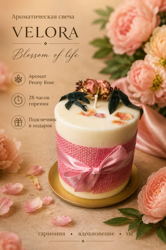 Ароматическая свеча Velora Blossom of Life с ароматом Peony Rose (пионовая роза) с подсвечником в подарочной коробке. 28 часов горения.