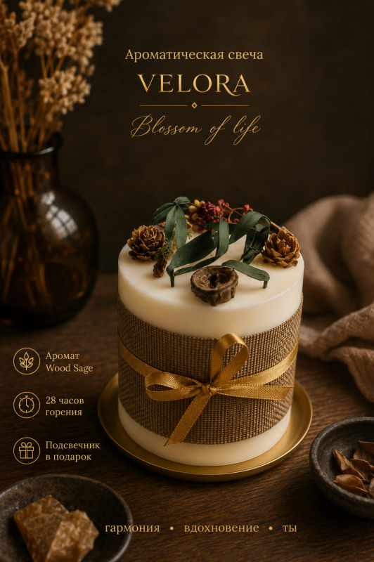 Ароматическая свеча Velora Blossom of Life с ароматом Wood Sage (древесный шалфей) с подсвечником в подарочной коробке. 28 часов горения.