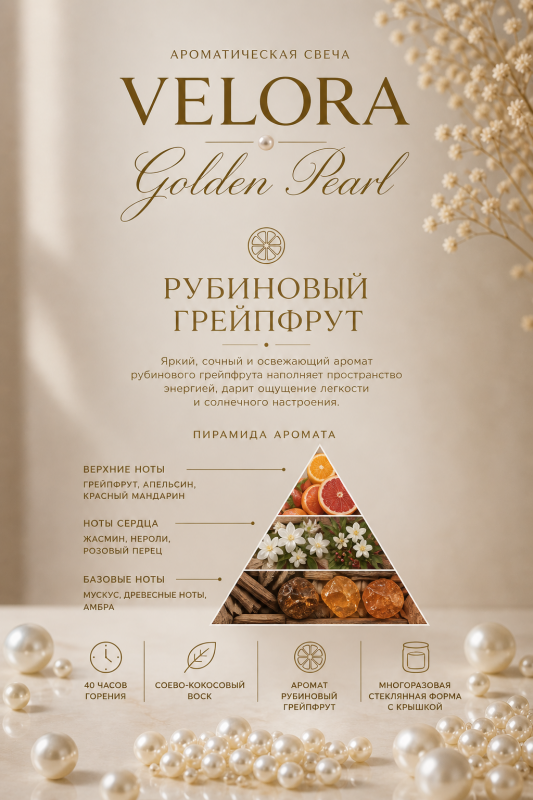 Ароматическая свечи "Velora Golden Pearl". 40 часов горения в многофункциональной стеклянной форме с крышкой.