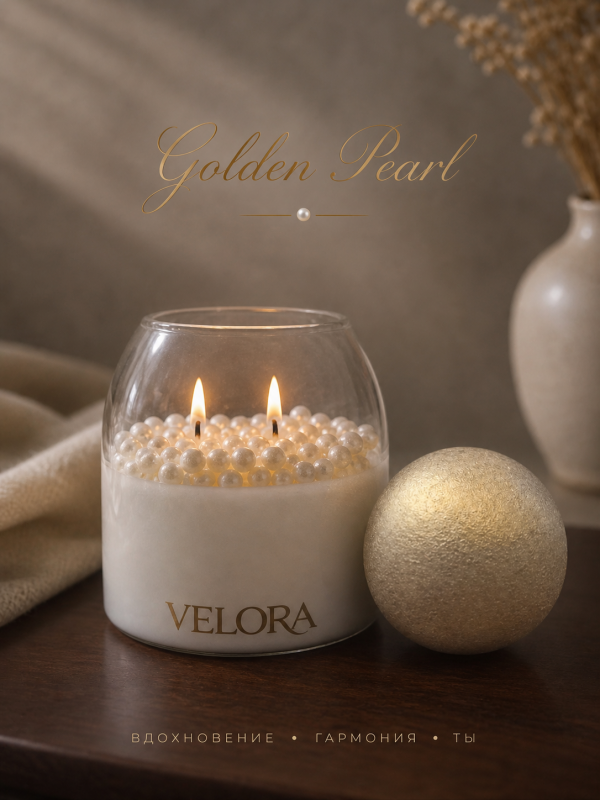 Ароматическая свечи "Velora Golden Pearl". 40 часов горения в многофункциональной стеклянной форме с крышкой.