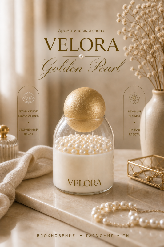 Ароматическая свечи "Velora Golden Pearl". 40 часов горения в многофункциональной стеклянной форме с крышкой.